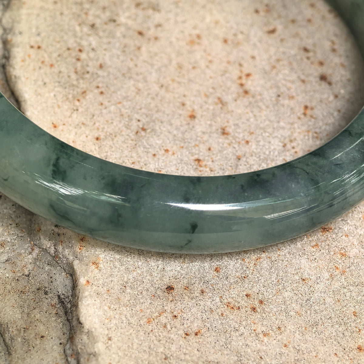 Glutinous Deep Green Floating Flower D-Shape Jadeite Bangle -60mm