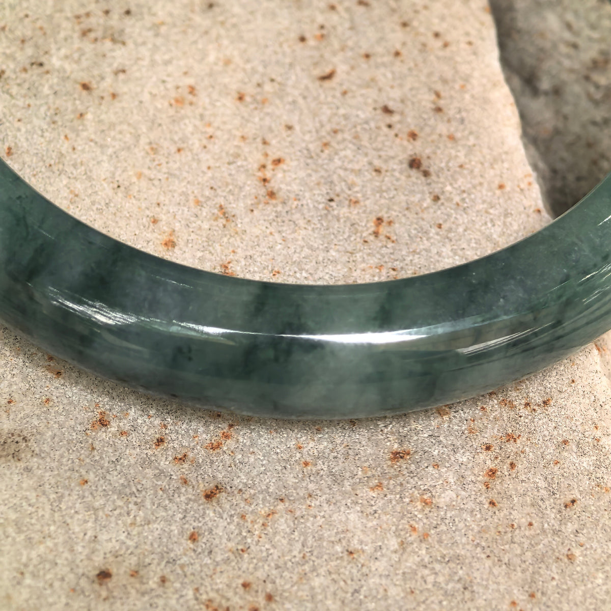 Glutinous Deep Green Floating Flower D-Shape Jadeite Bangle -60mm