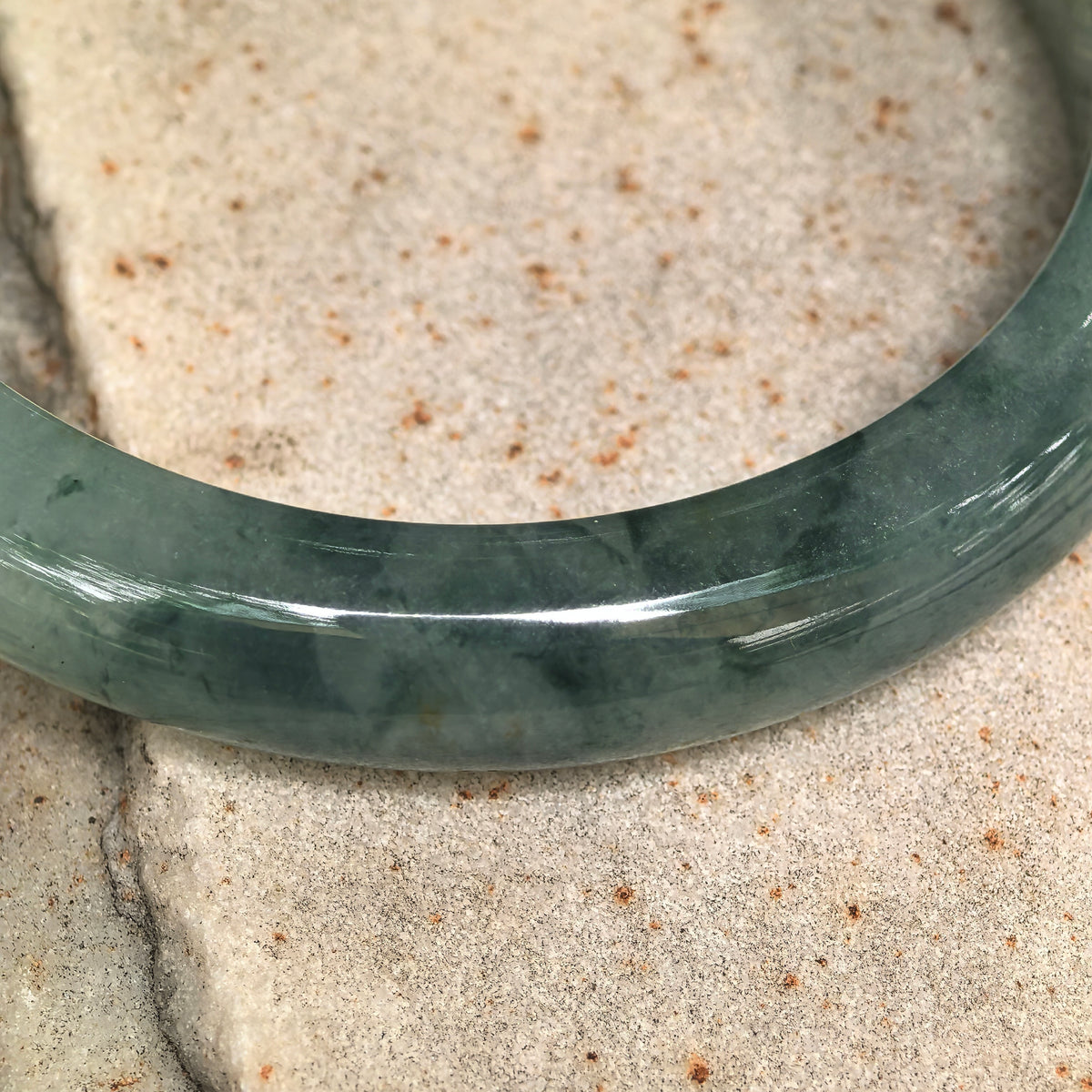 Glutinous Deep Green Floating Flower D-Shape Jadeite Bangle -60mm