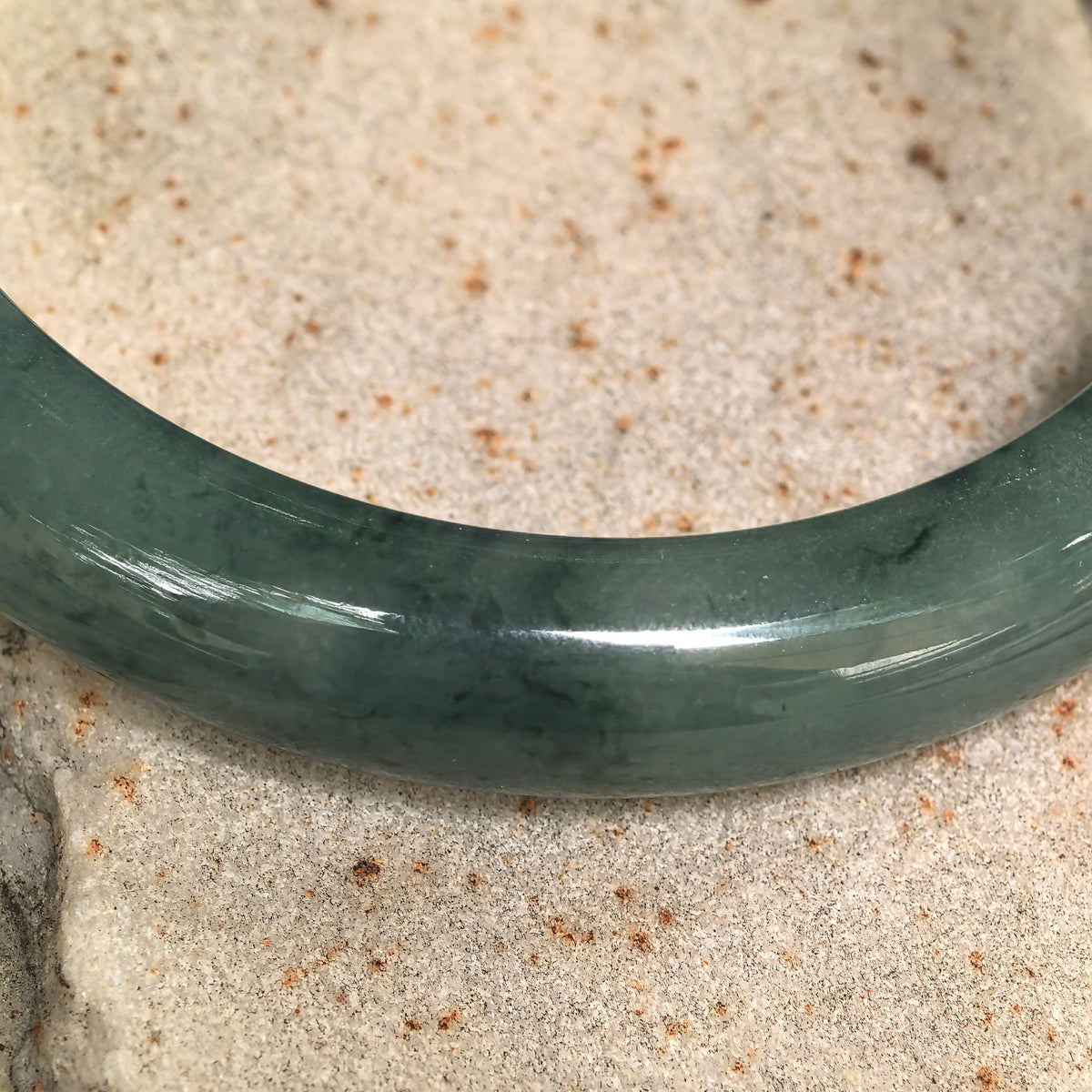 Glutinous Deep Green Floating Flower D-Shape Jadeite Bangle -60mm