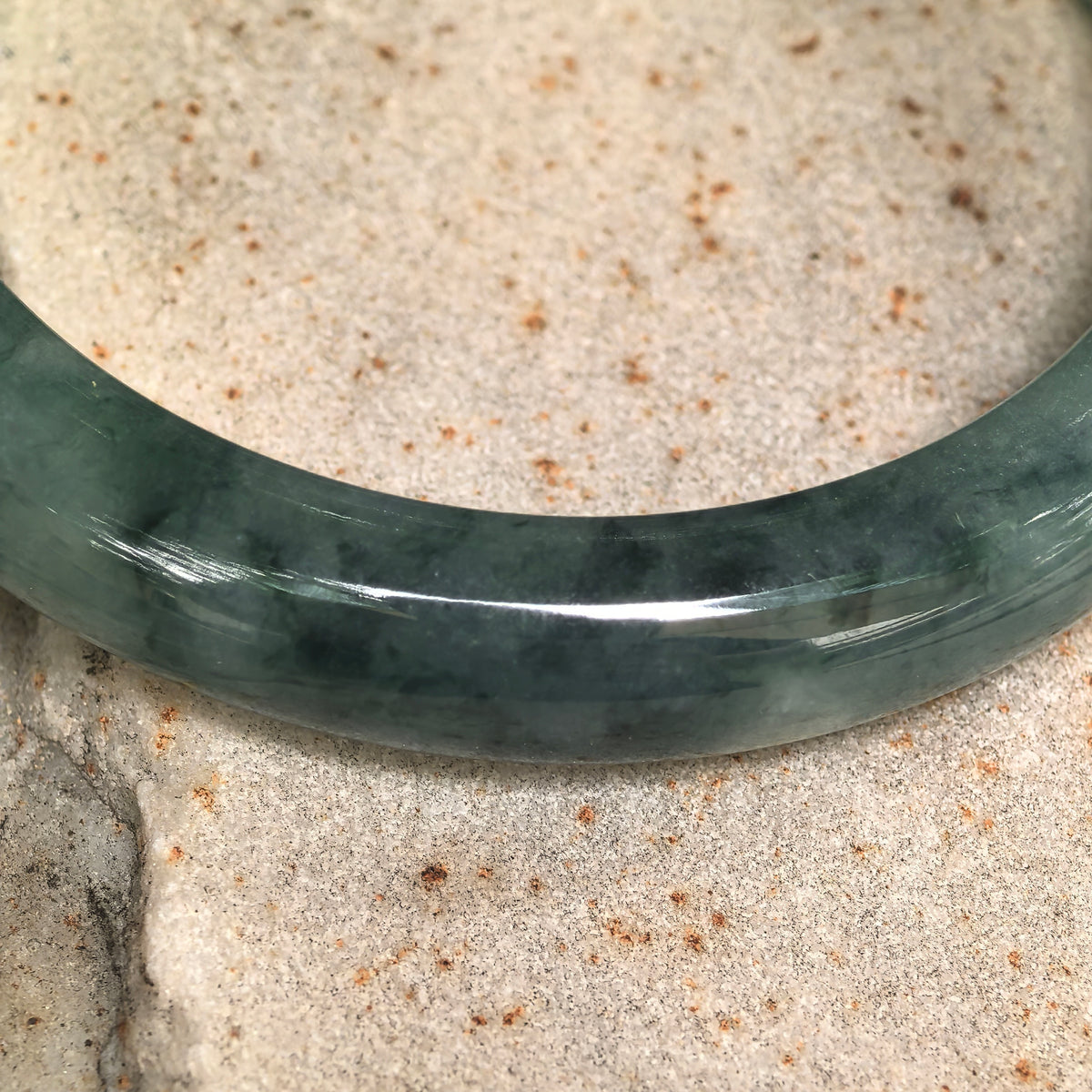 Glutinous Deep Green Floating Flower D-Shape Jadeite Bangle -60mm