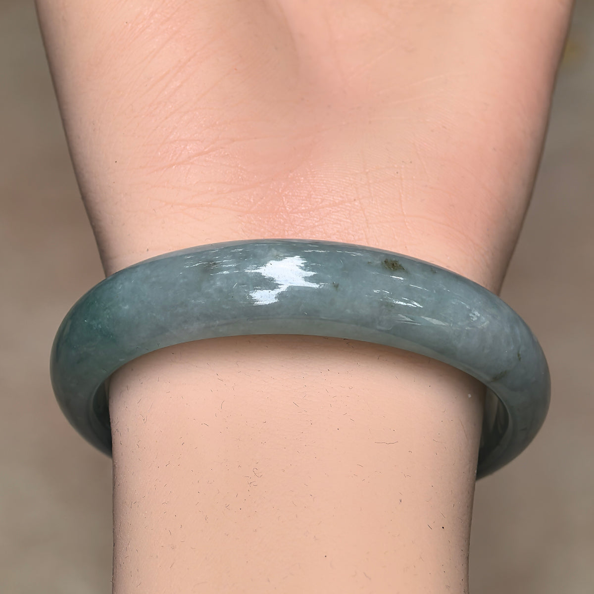 Glutinous Blue-Green Oval Jadeite Bangle -51mm
