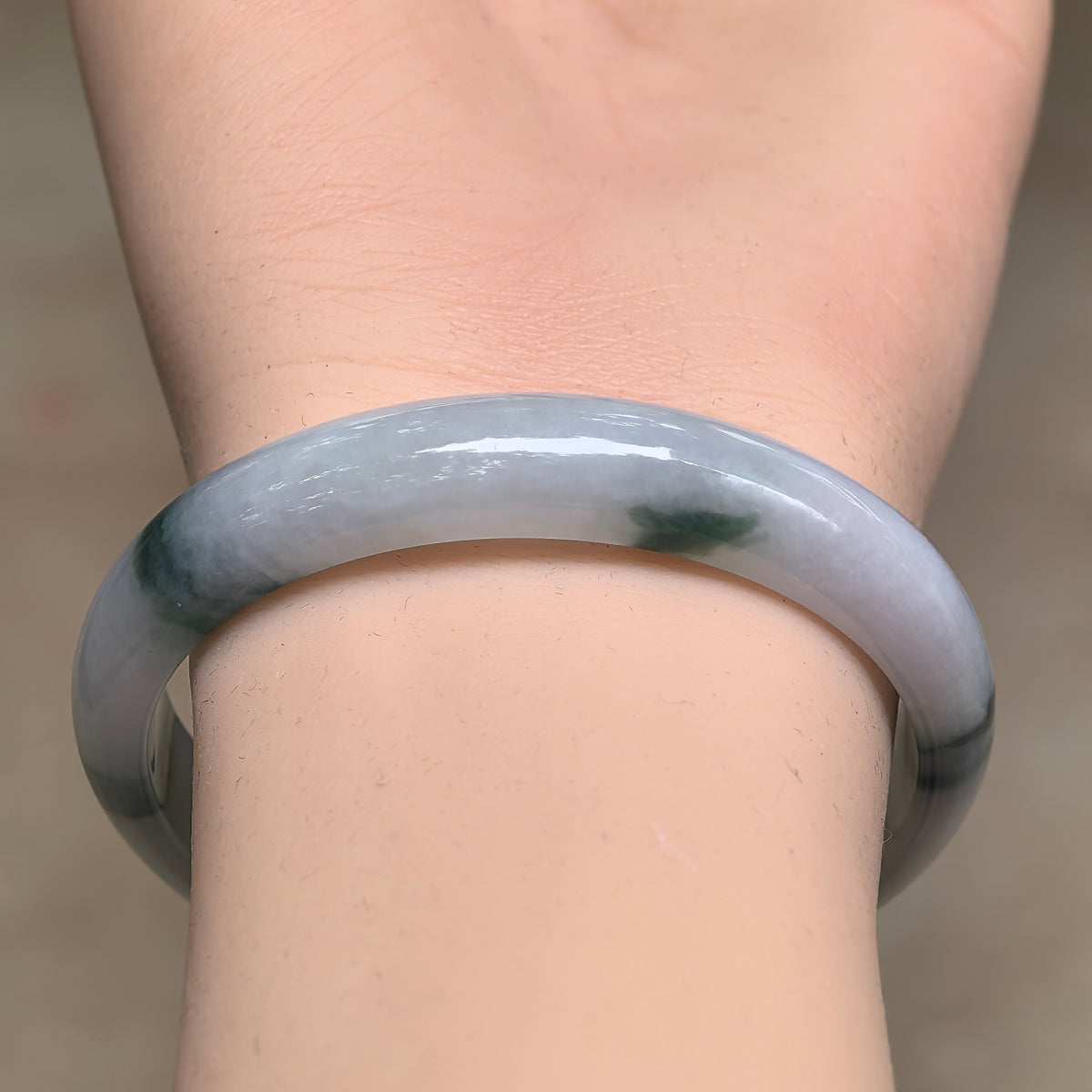 Fine Glutinous Milky White and Green Floating Flower D-Shape Jadeite Bangle -53mm