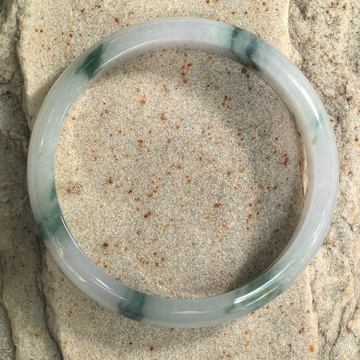 Fine Glutinous Milky White and Green Floating Flower D-Shape Jadeite Bangle -53mm