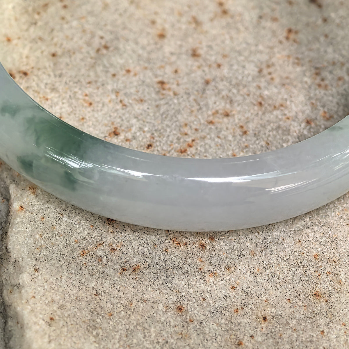 Fine Glutinous Milky White and Green Floating Flower D-Shape Jadeite Bangle -53mm