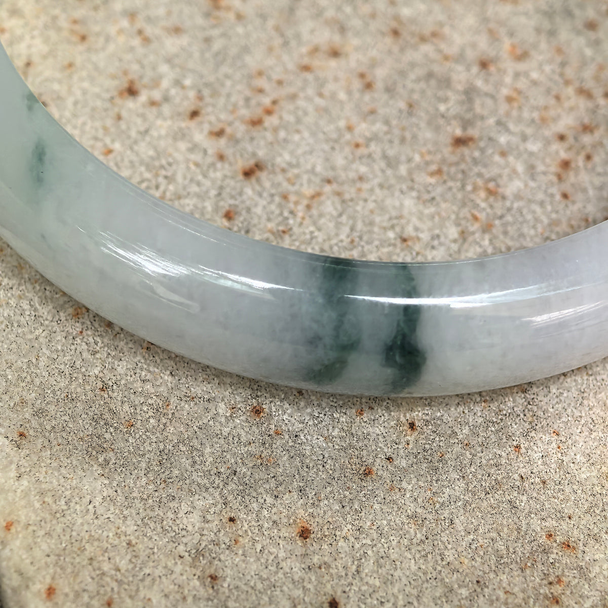 Fine Glutinous Milky White and Green Floating Flower D-Shape Jadeite Bangle -53mm