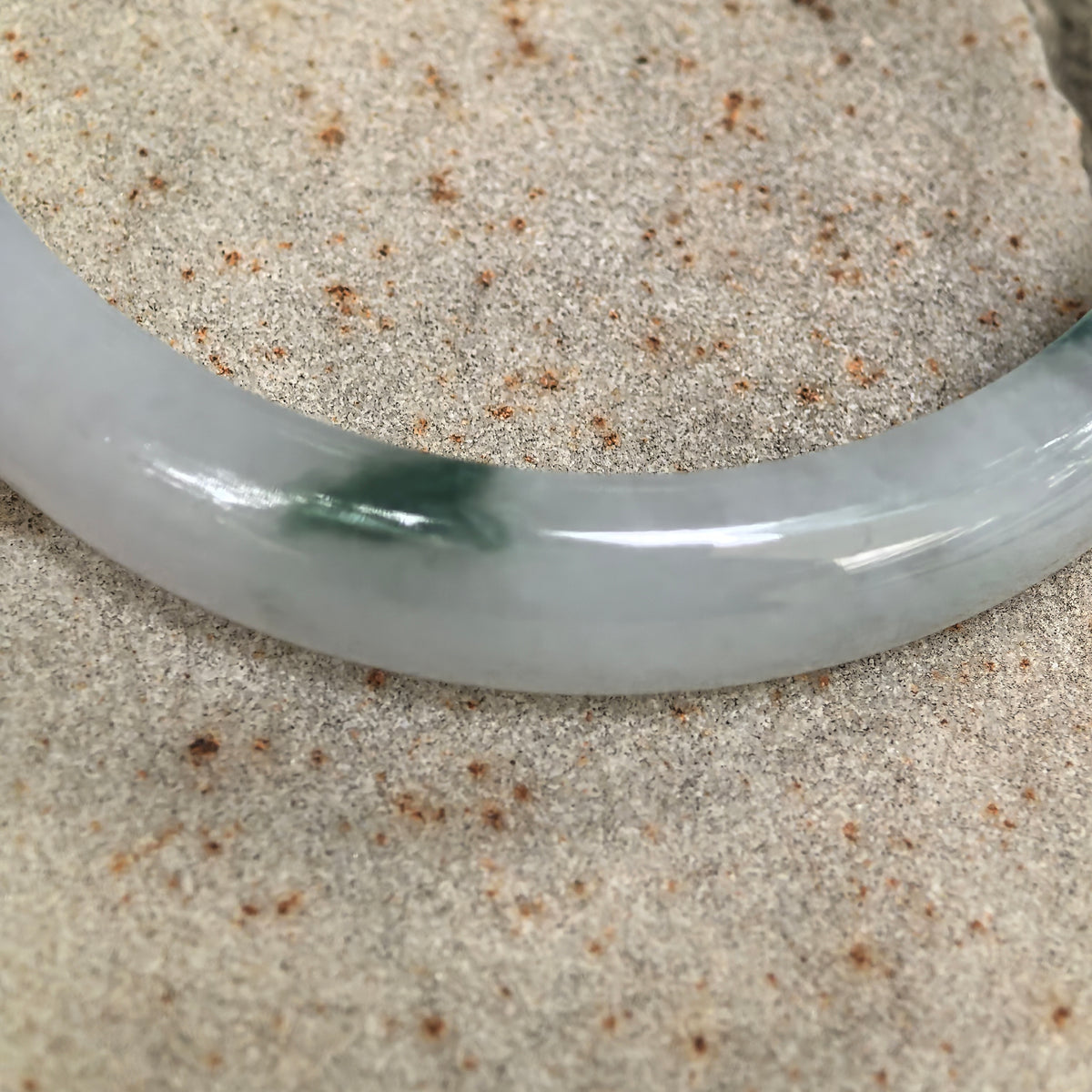 Fine Glutinous Milky White and Green Floating Flower D-Shape Jadeite Bangle -53mm