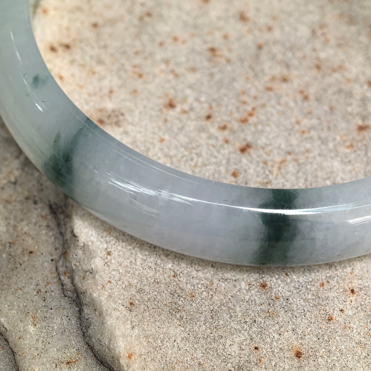 Fine Glutinous Milky White and Green Floating Flower D-Shape Jadeite Bangle -53mm