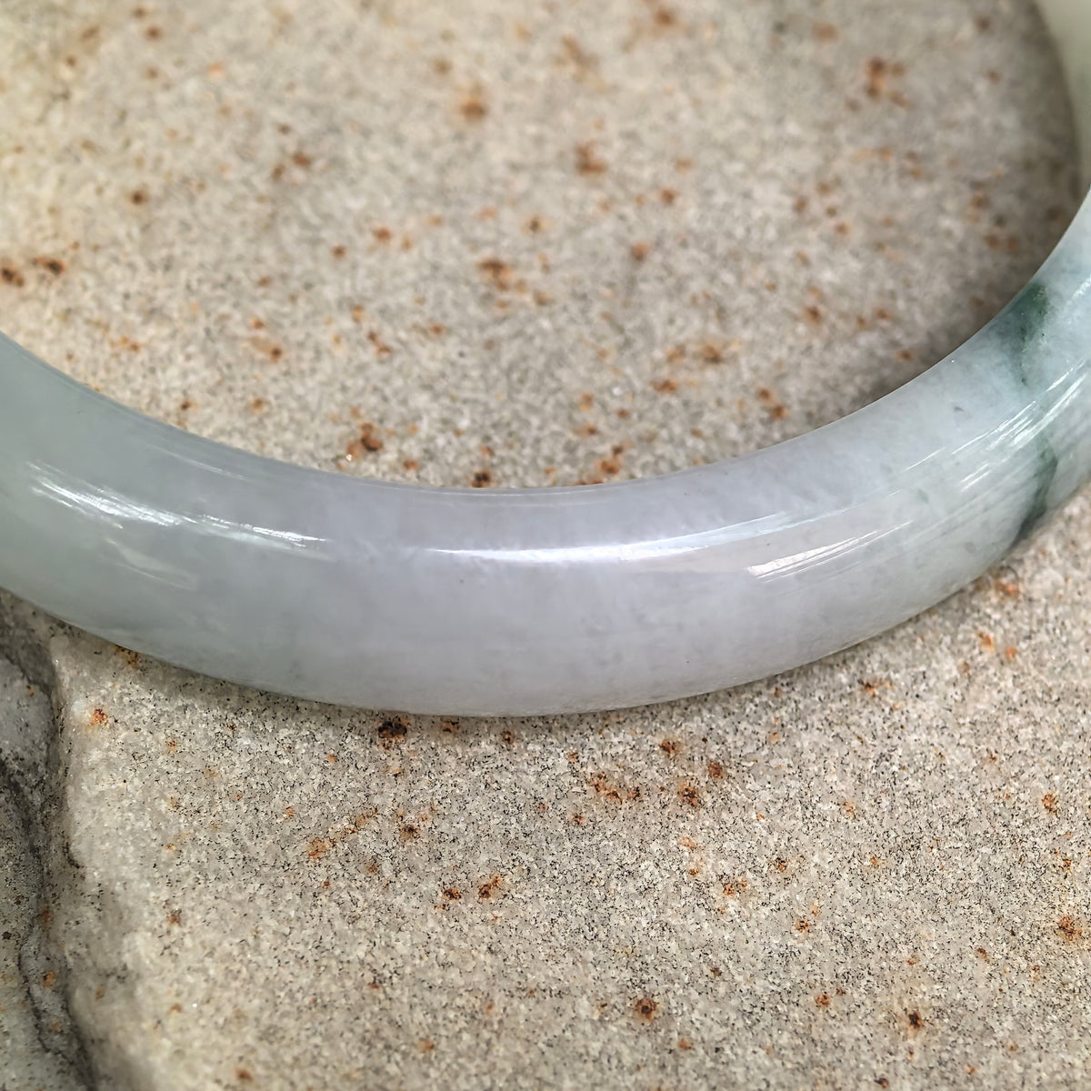 Fine Glutinous Milky White and Green Floating Flower D-Shape Jadeite Bangle -53mm