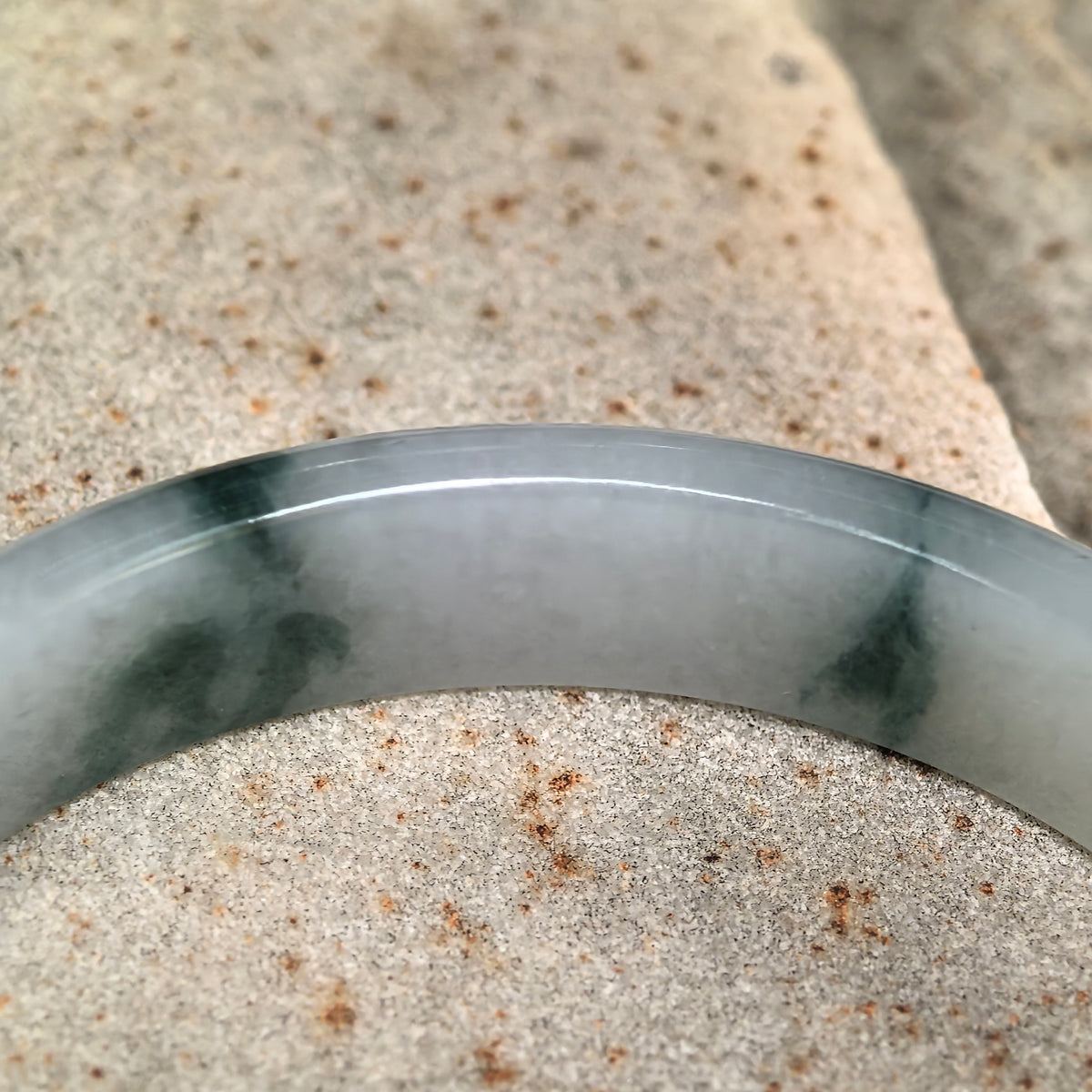 Fine Glutinous Milky White and Green Floating Flower D-Shape Jadeite Bangle -53mm