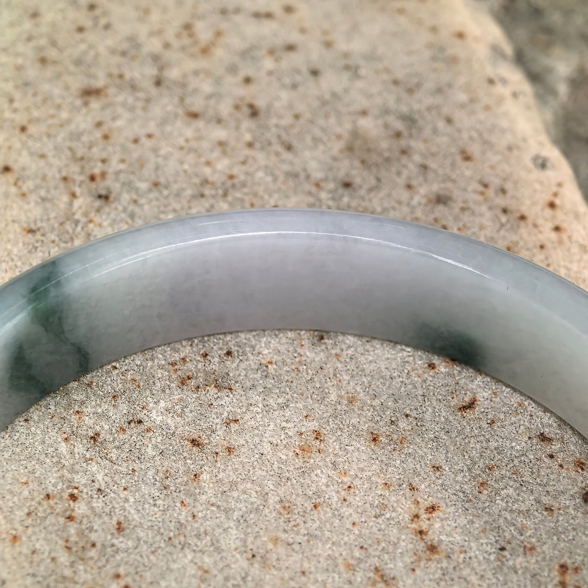 Fine Glutinous Milky White and Green Floating Flower D-Shape Jadeite Bangle -53mm
