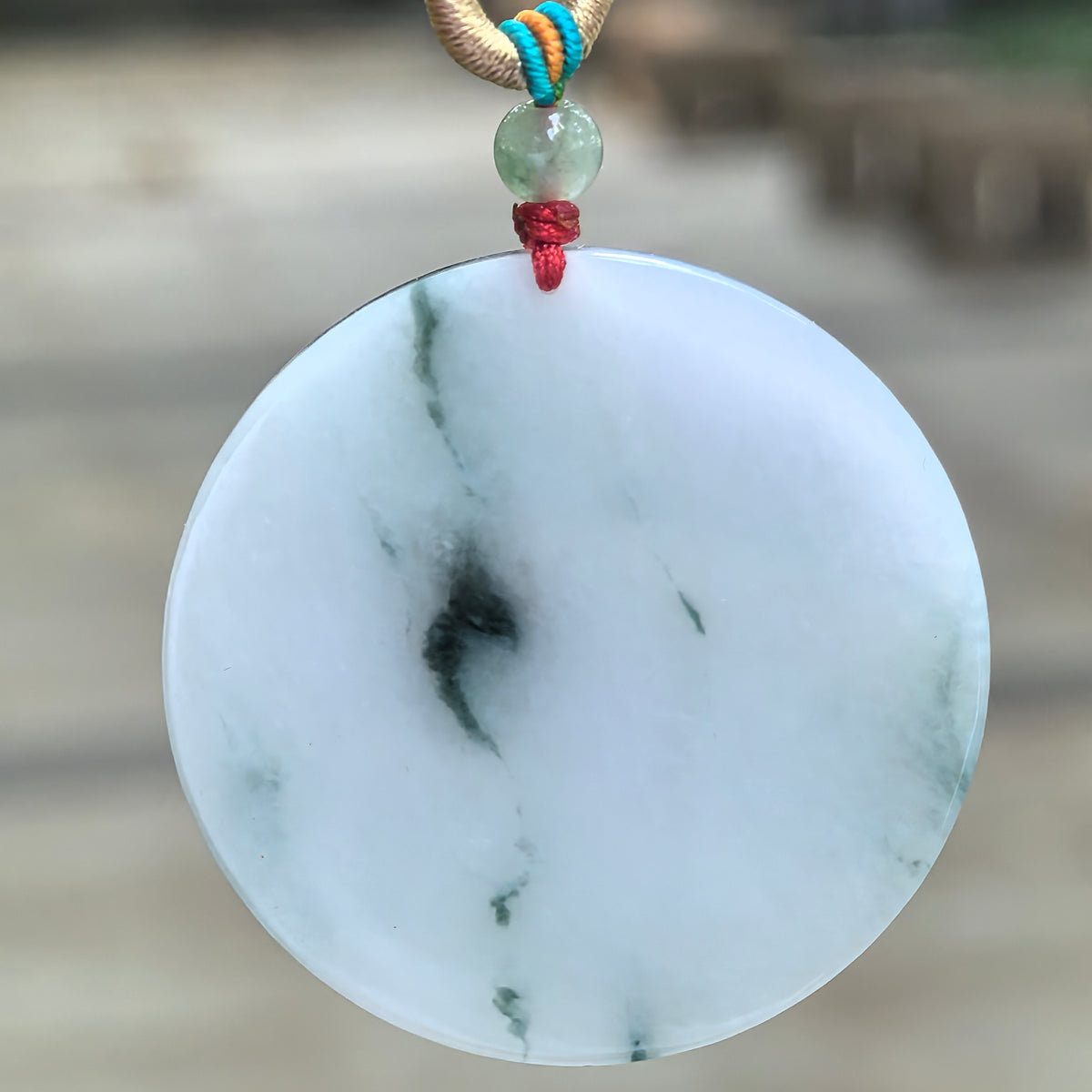 Fine Glutinous White and Deep Green Jadeite Round Plain Plaque Pendant