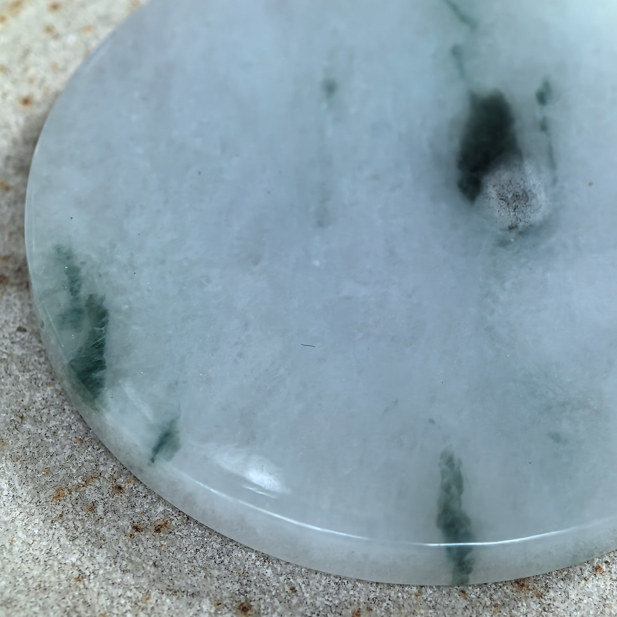 Fine Glutinous White and Deep Green Jadeite Round Plain Plaque Pendant