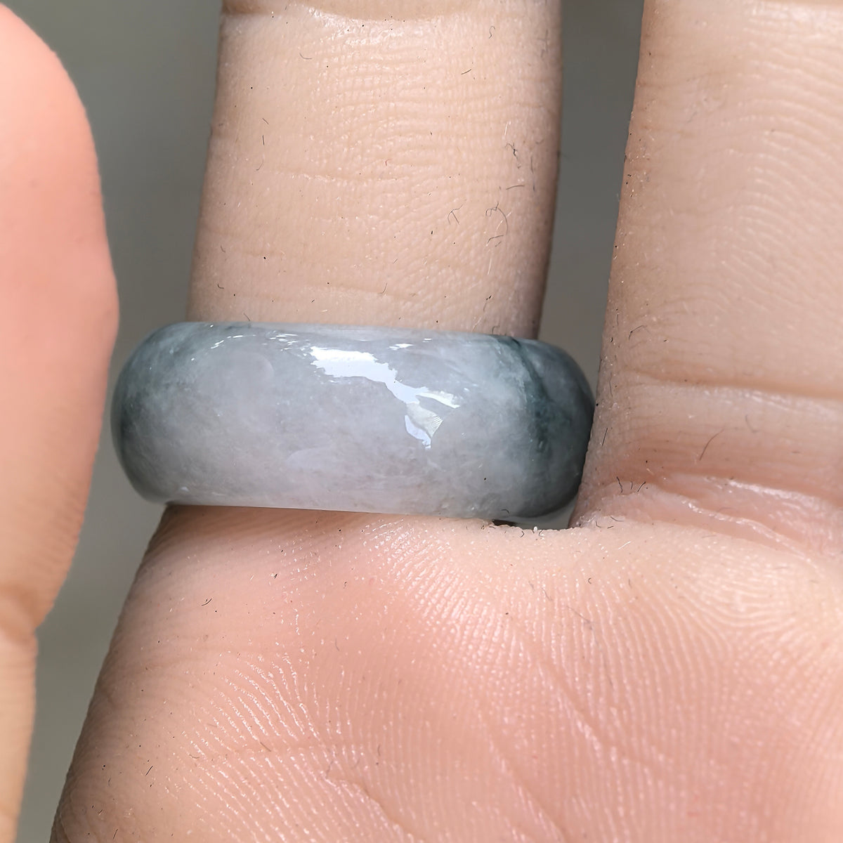 Icy Glutinous Green Floating Flower Wide Jadeite Ring Band -US7