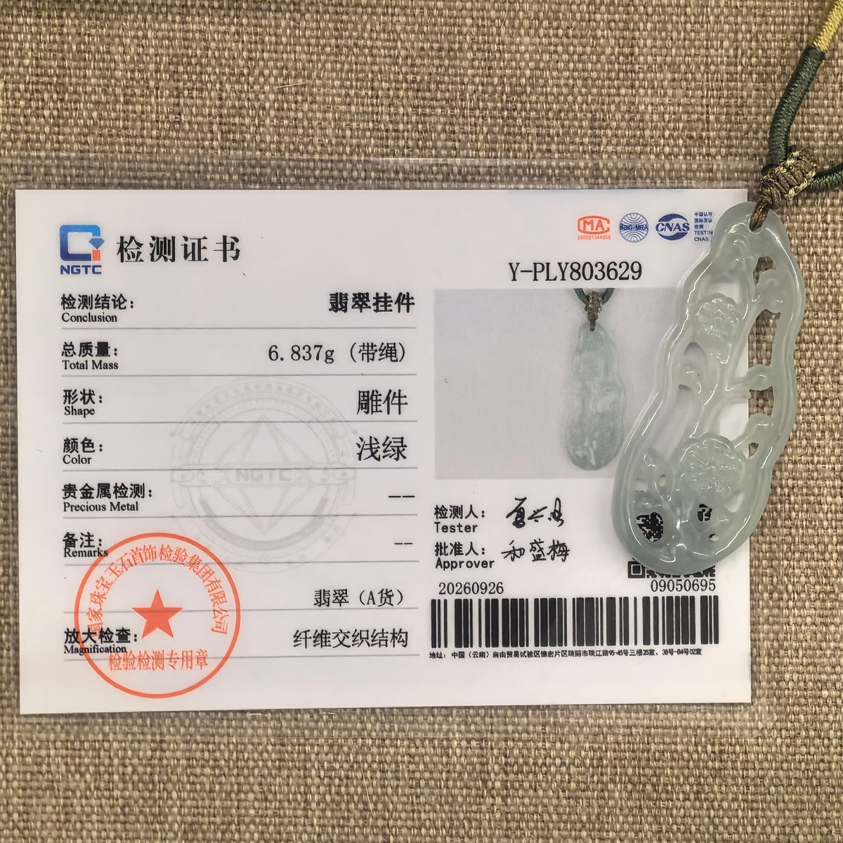 Pale green openwork plum blossom jadeite pendant displayed with its matching NGTC certificate on a woven background.