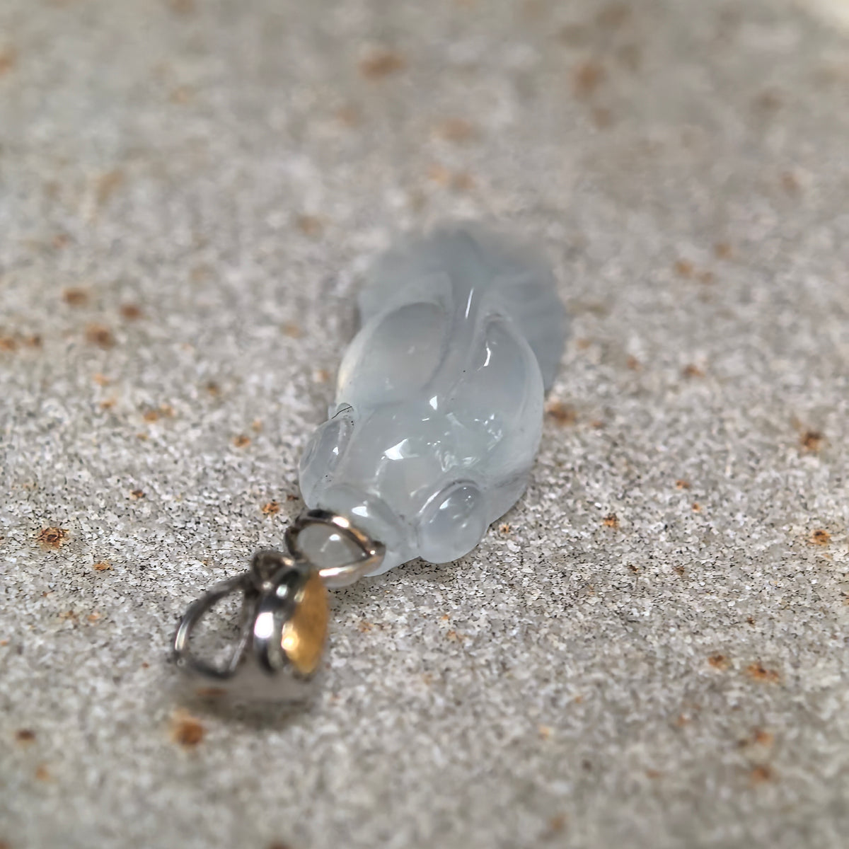 Icy Translucent White Goldfish Jadeite Pendant with 18K Gold Bail
