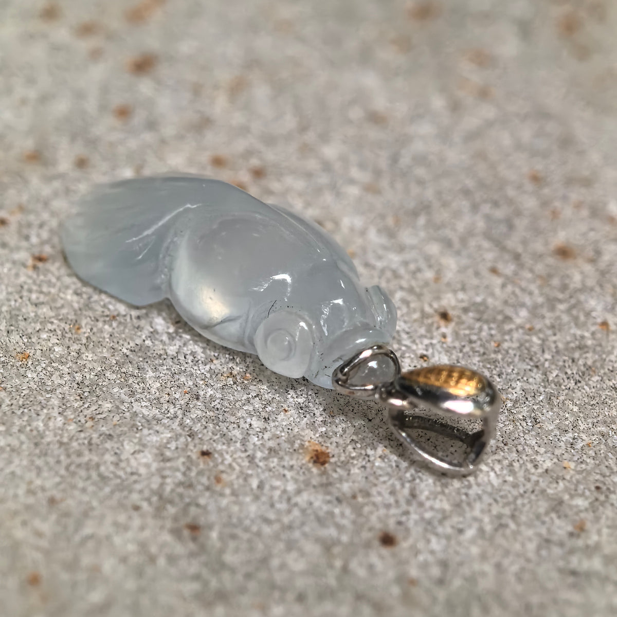 Icy Translucent White Goldfish Jadeite Pendant with 18K Gold Bail