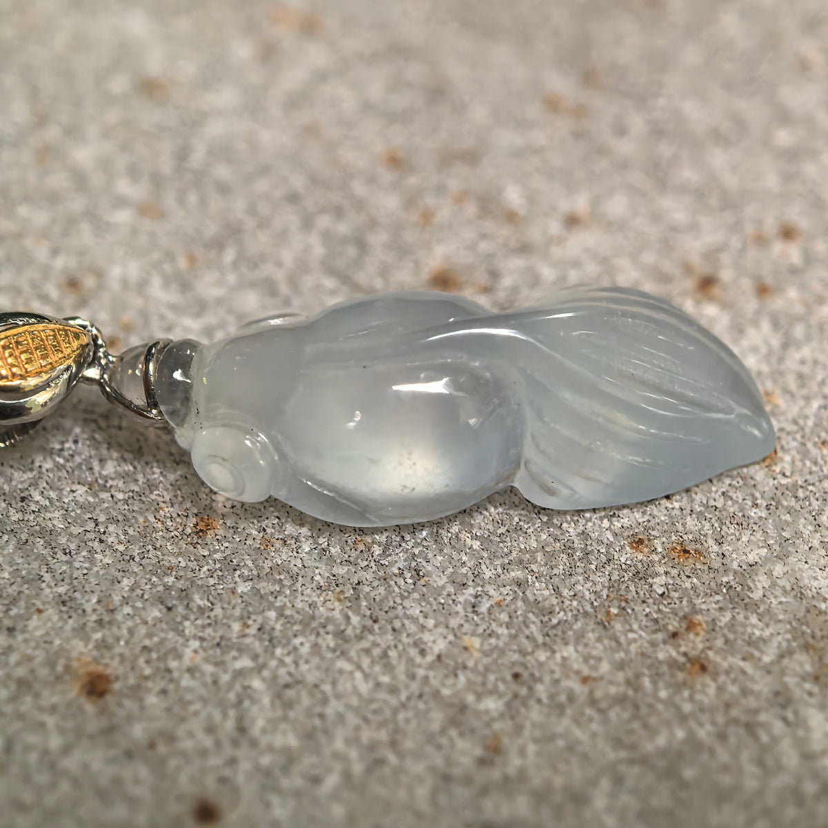 Icy Translucent White Goldfish Jadeite Pendant with 18K Gold Bail