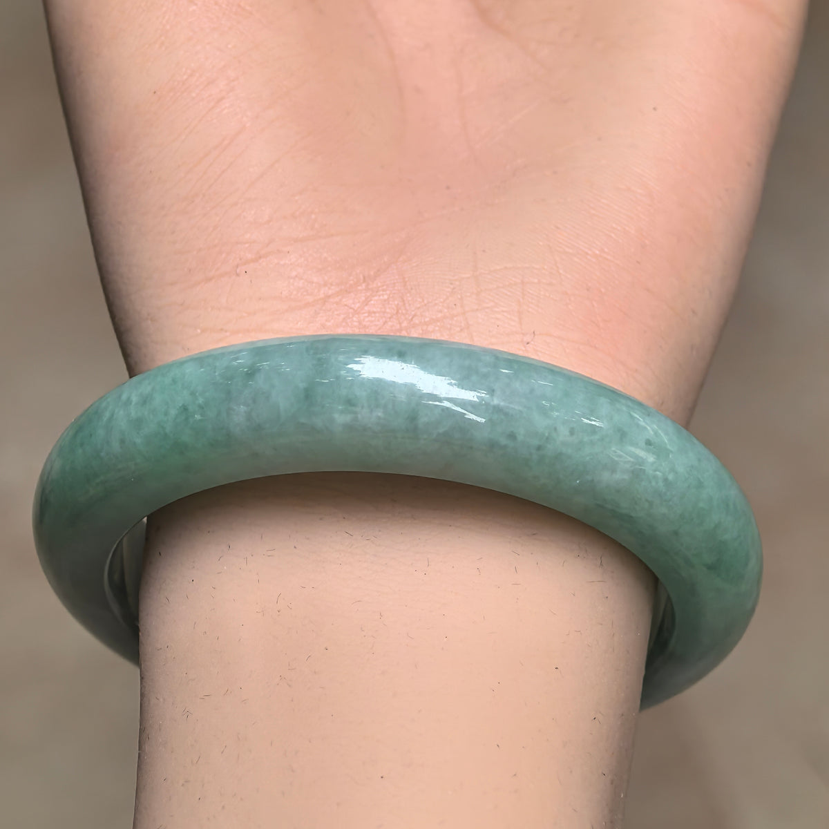 Glutinous Apple Green D-Shape Jadeite Bangle -55mm