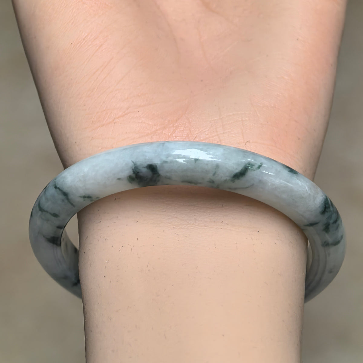 Glutinous Milky White and Deep Green Floating Flower Slim D-Shape Jadeite Bangle -55mm
