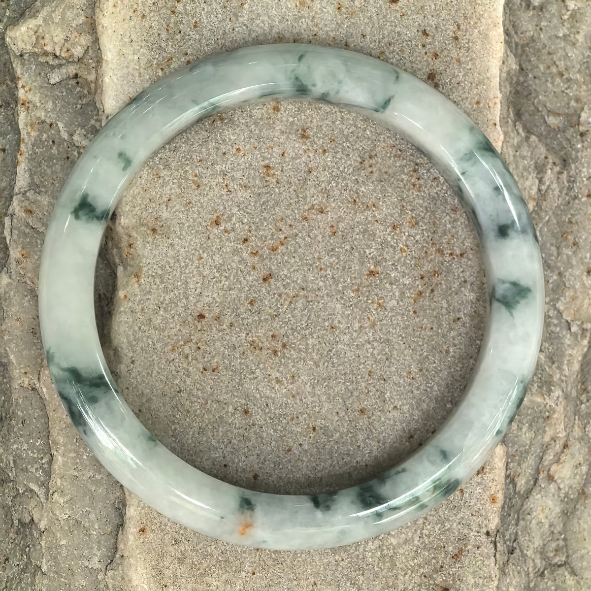 Glutinous Milky White and Deep Green Floating Flower Slim D-Shape Jadeite Bangle -55mm