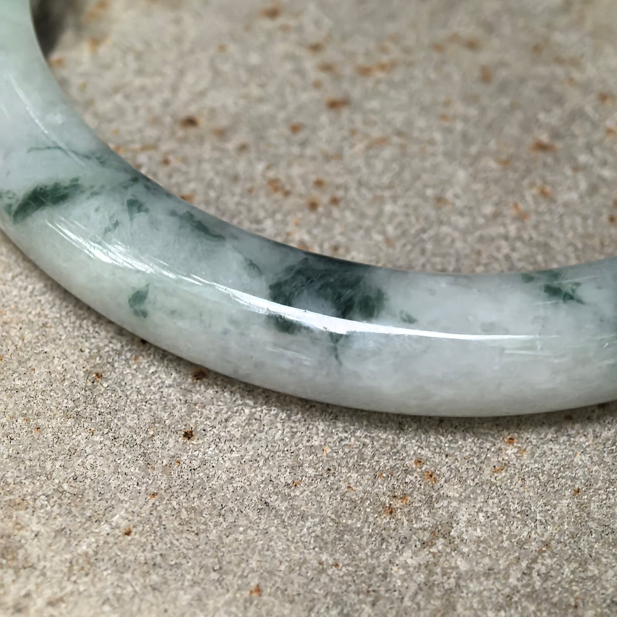 Glutinous Milky White and Deep Green Floating Flower Slim D-Shape Jadeite Bangle -55mm