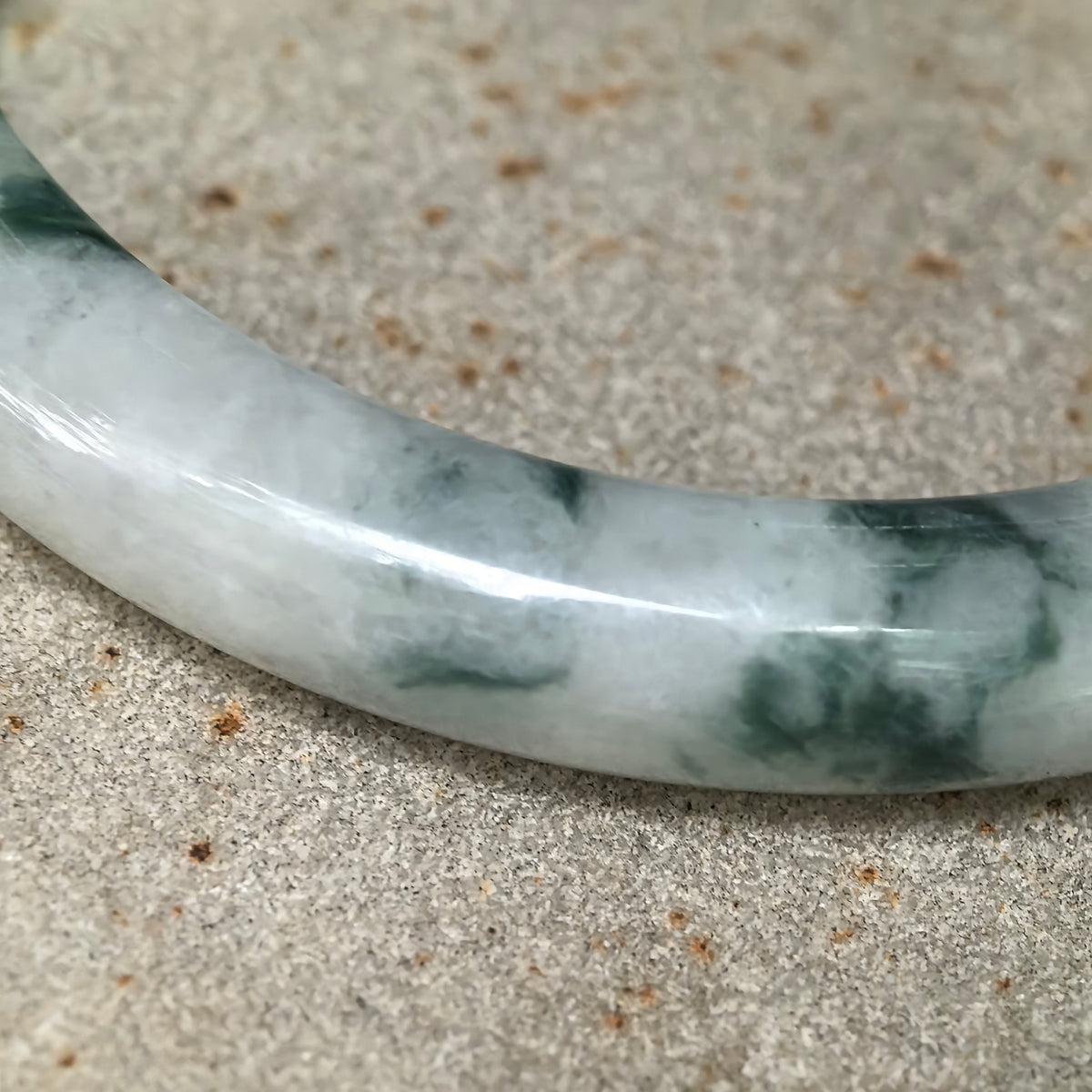 Glutinous Milky White and Deep Green Floating Flower Slim D-Shape Jadeite Bangle -55mm