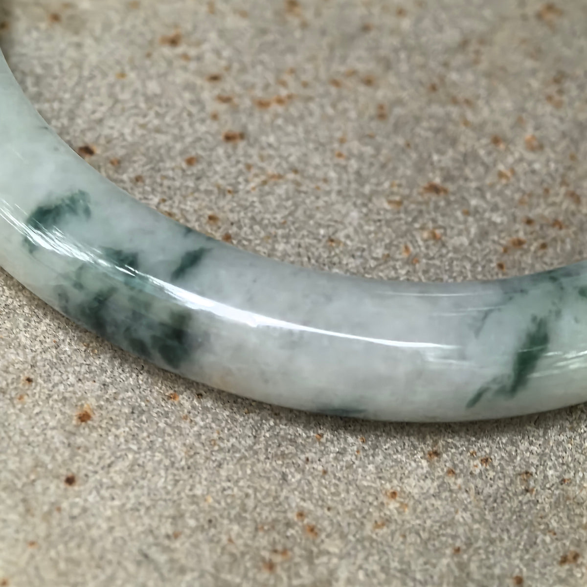 Glutinous Milky White and Deep Green Floating Flower Slim D-Shape Jadeite Bangle -55mm