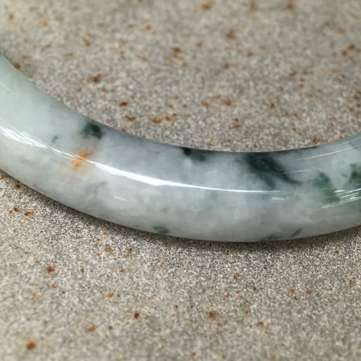 Glutinous Milky White and Deep Green Floating Flower Slim D-Shape Jadeite Bangle -55mm