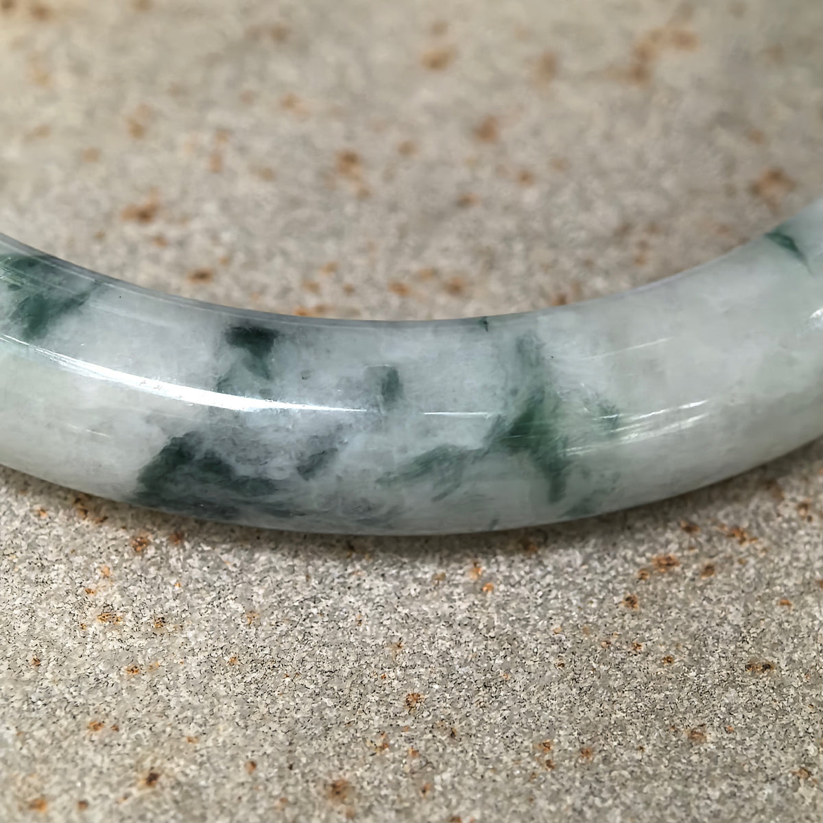 Glutinous Milky White and Deep Green Floating Flower Slim D-Shape Jadeite Bangle -55mm