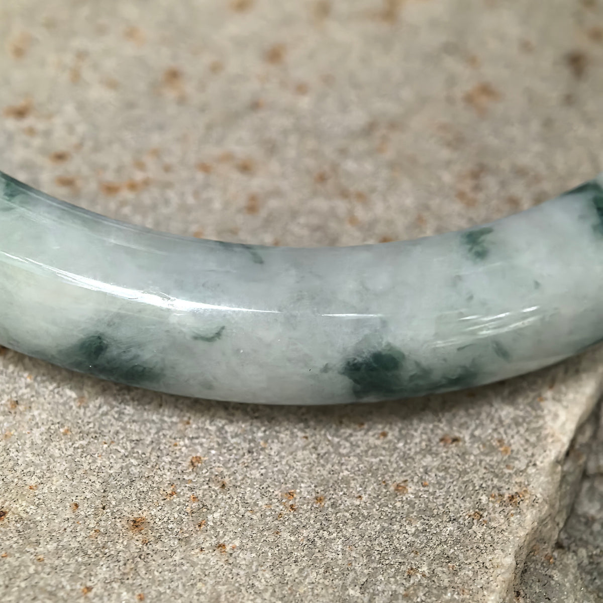 Glutinous Milky White and Deep Green Floating Flower Slim D-Shape Jadeite Bangle -55mm