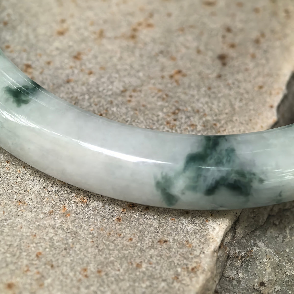 Glutinous Milky White and Deep Green Floating Flower Slim D-Shape Jadeite Bangle -55mm