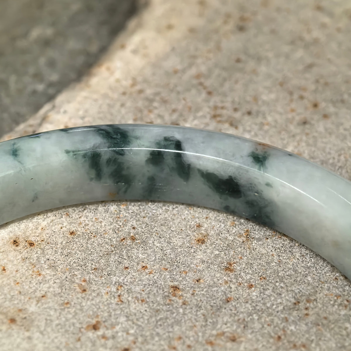 Glutinous Milky White and Deep Green Floating Flower Slim D-Shape Jadeite Bangle -55mm