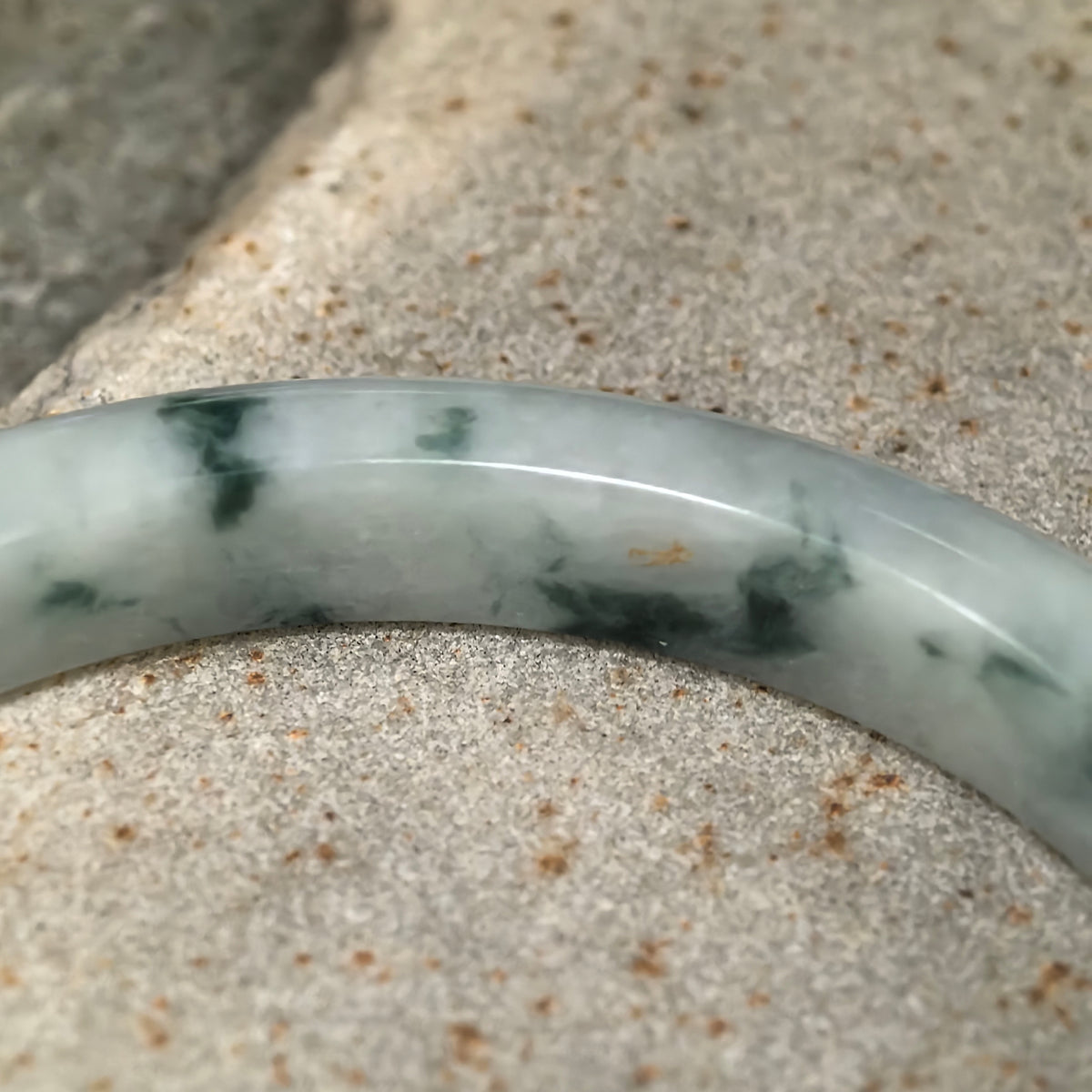 Glutinous Milky White and Deep Green Floating Flower Slim D-Shape Jadeite Bangle -55mm