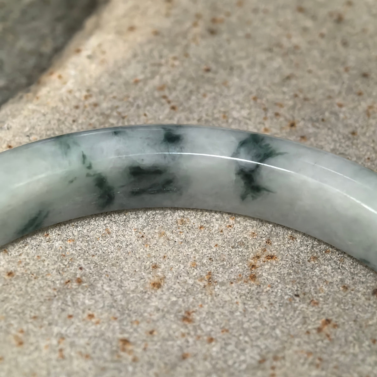 Glutinous Milky White and Deep Green Floating Flower Slim D-Shape Jadeite Bangle -55mm