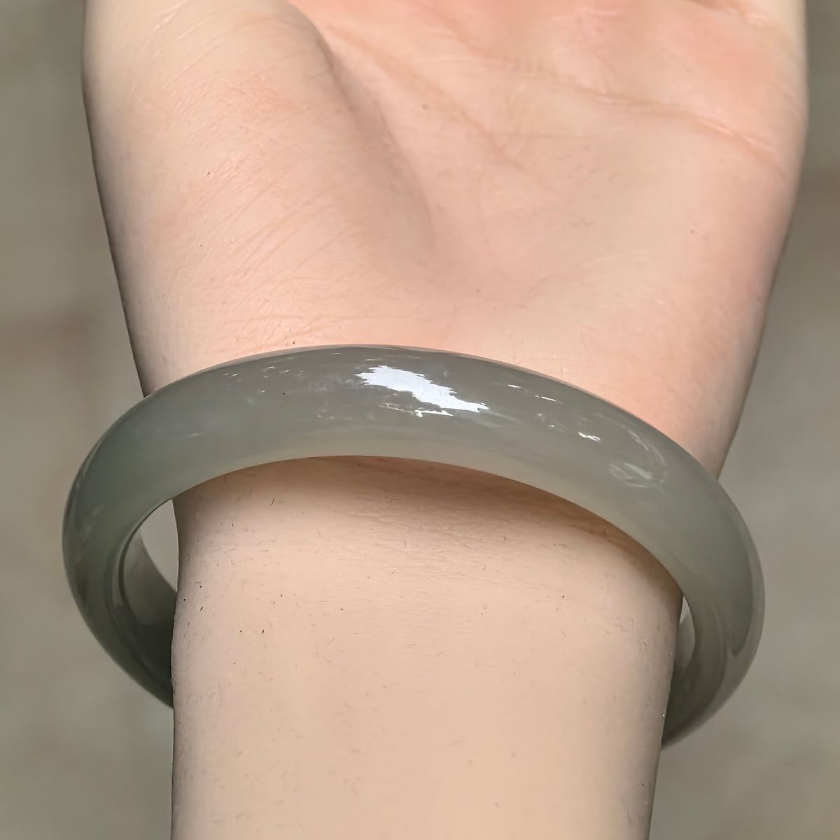 Greenish White D-Shape Nephrite Bangle -57mm