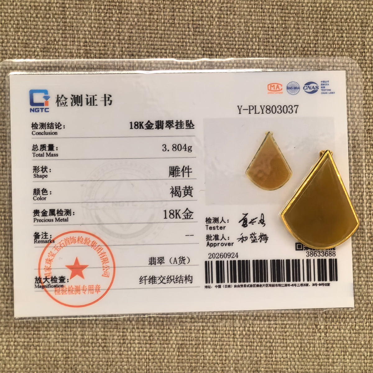 Yellow jadeite teardrop pendant displayed with its matching NGTC certificate identifying the jadeite and 18K gold setting.