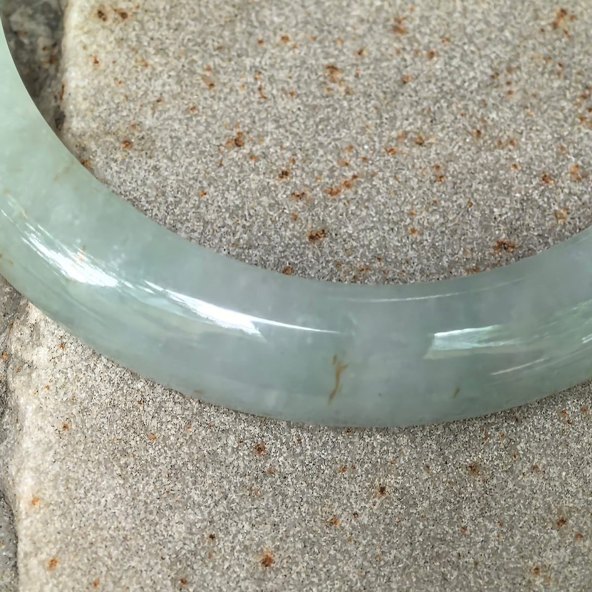 Glutinous Pale Apple Green D-Shape Jadeite Bangle with Golden-Brown Flecks -57mm