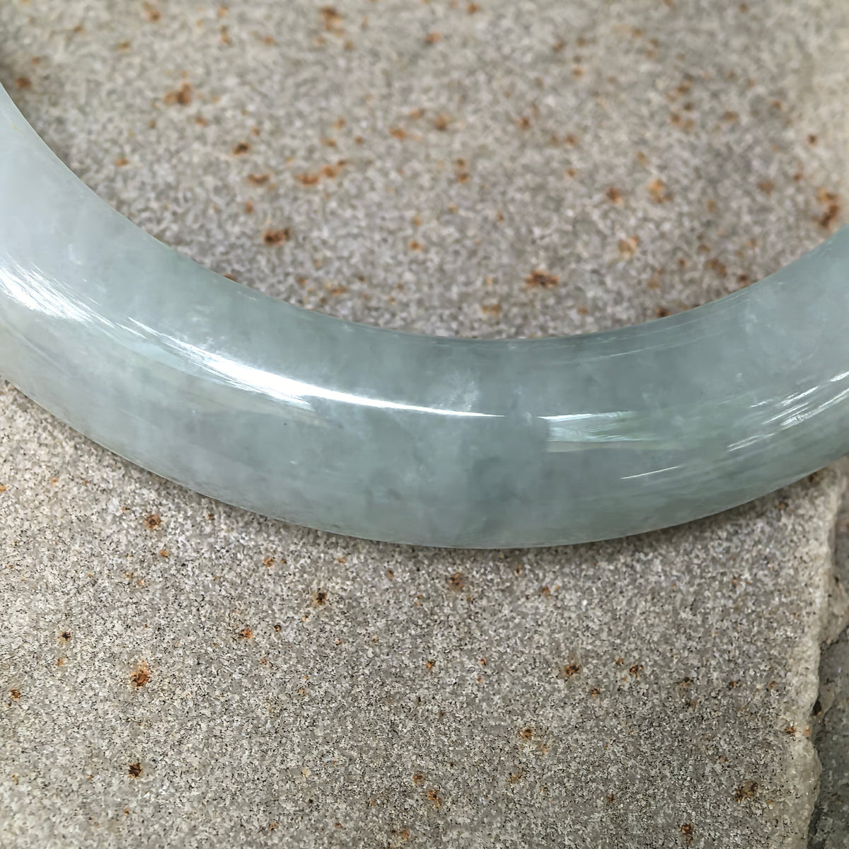 Glutinous Pale Apple Green D-Shape Jadeite Bangle with Golden-Brown Flecks -57mm