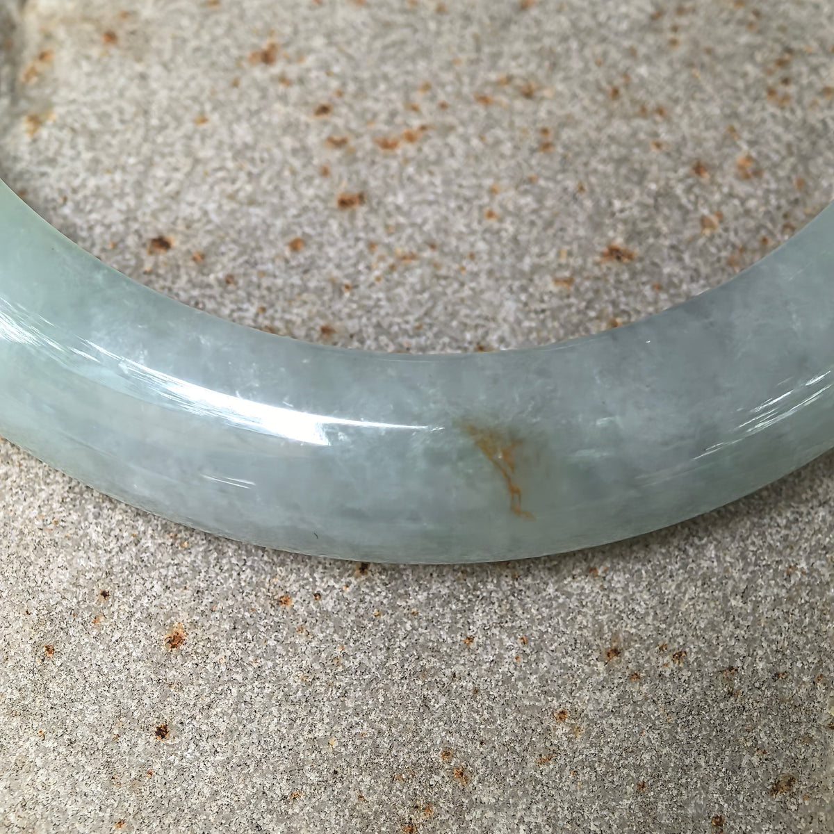 Glutinous Pale Apple Green D-Shape Jadeite Bangle with Golden-Brown Flecks -57mm