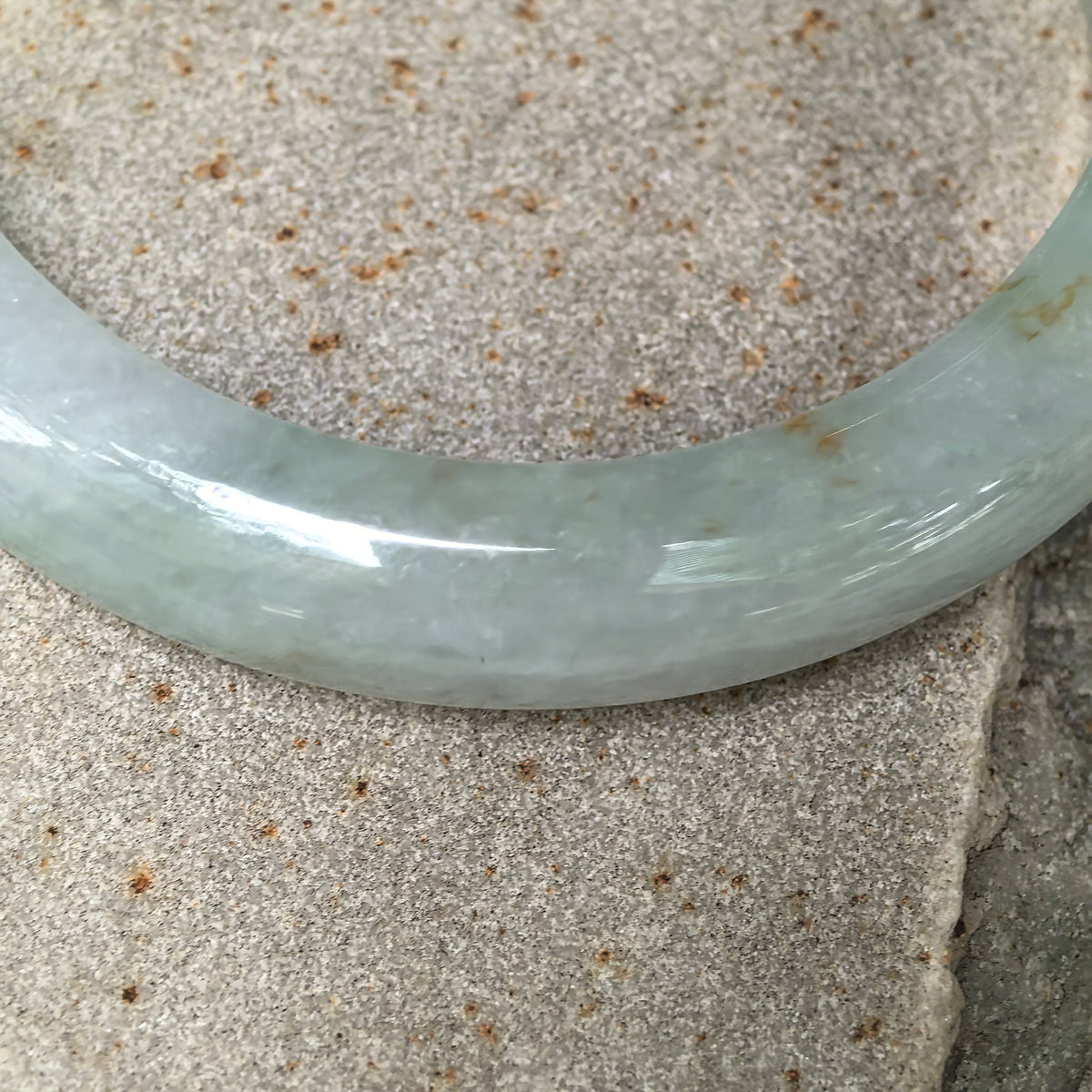 Glutinous Pale Apple Green D-Shape Jadeite Bangle with Golden-Brown Flecks -57mm