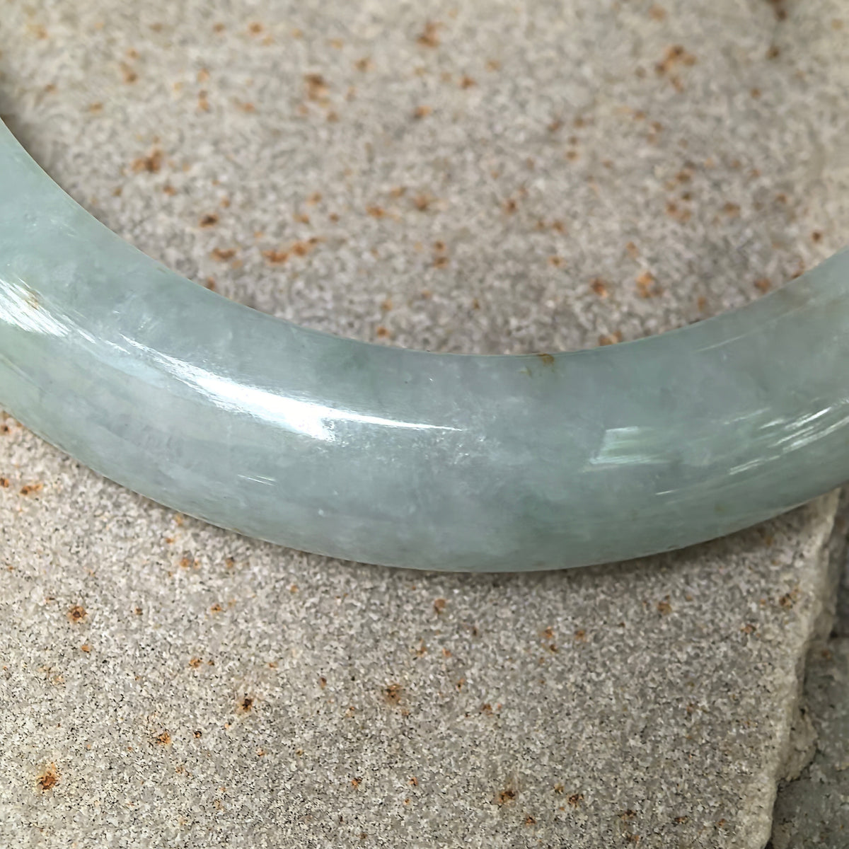 Glutinous Pale Apple Green D-Shape Jadeite Bangle with Golden-Brown Flecks -57mm