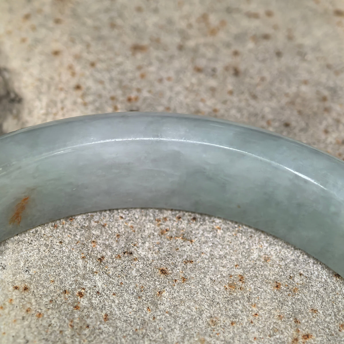 Glutinous Pale Apple Green D-Shape Jadeite Bangle with Golden-Brown Flecks -57mm