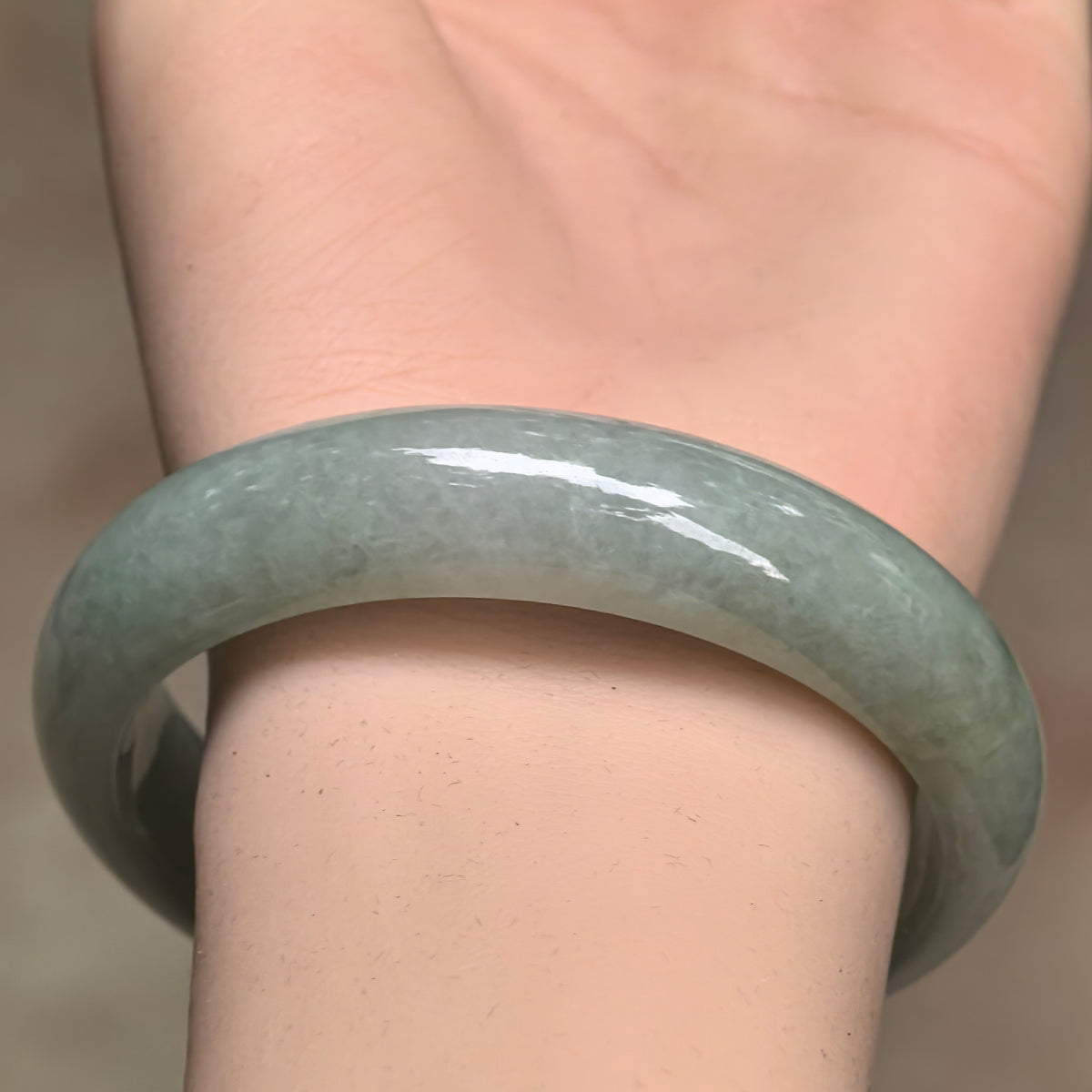 Glutinous Pale Apple Green D-Shape Jadeite Bangle -58mm