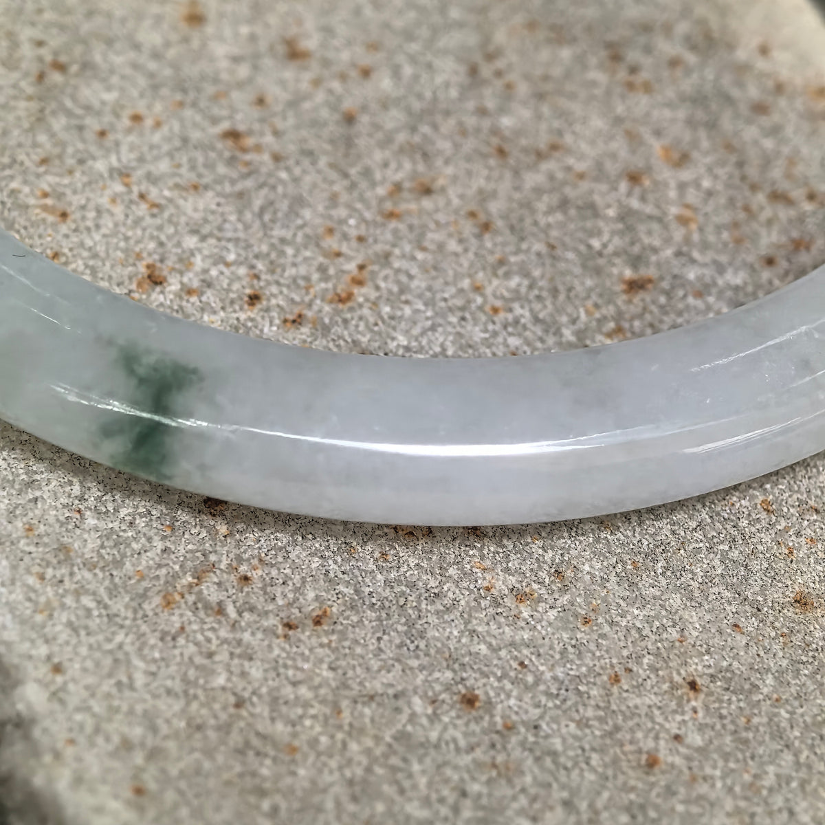Icy Glutinous Pale Green Slim Oval Jadeite Bangle with a Green Section -53mm
