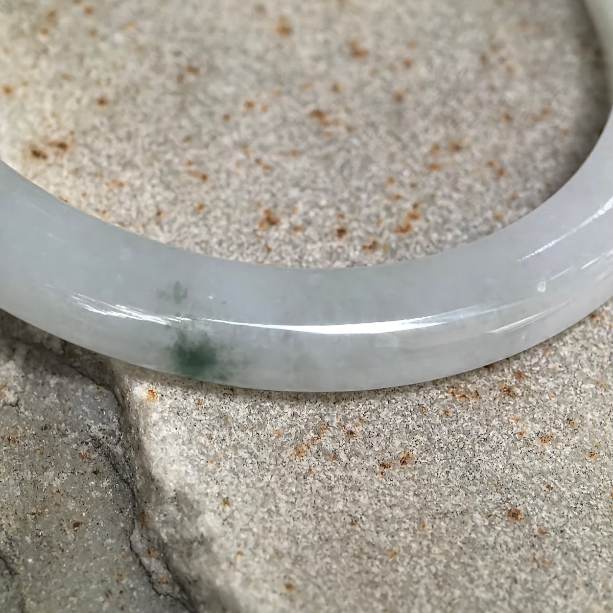 Icy Glutinous Pale Green Slim Oval Jadeite Bangle with a Green Section -53mm