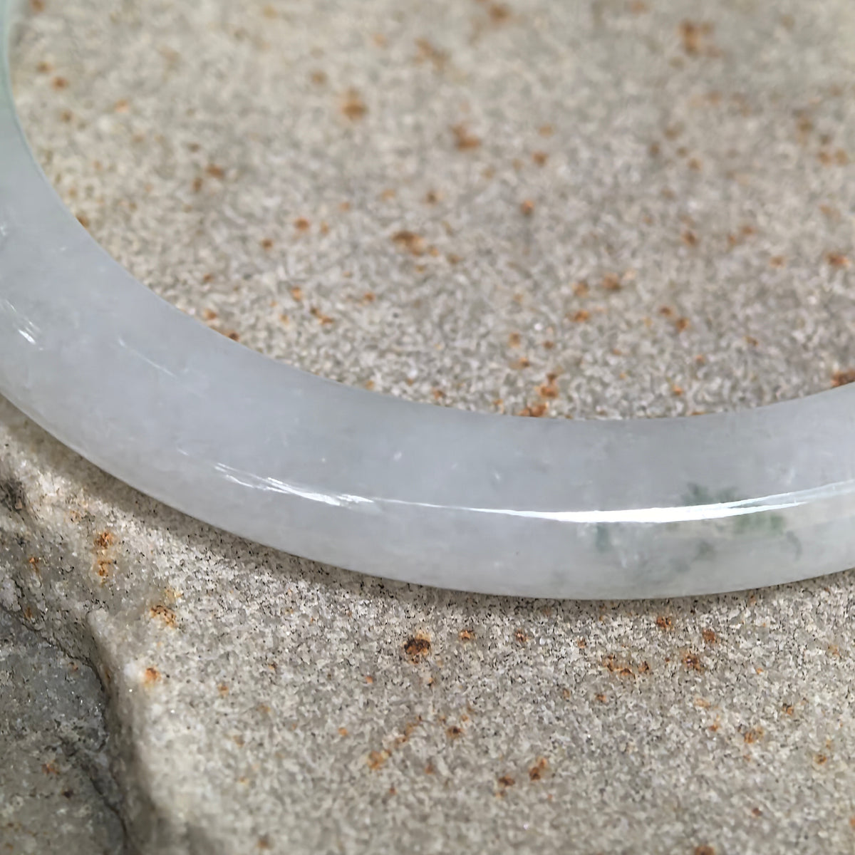 Icy Glutinous Pale Green Slim Oval Jadeite Bangle with a Green Section -53mm