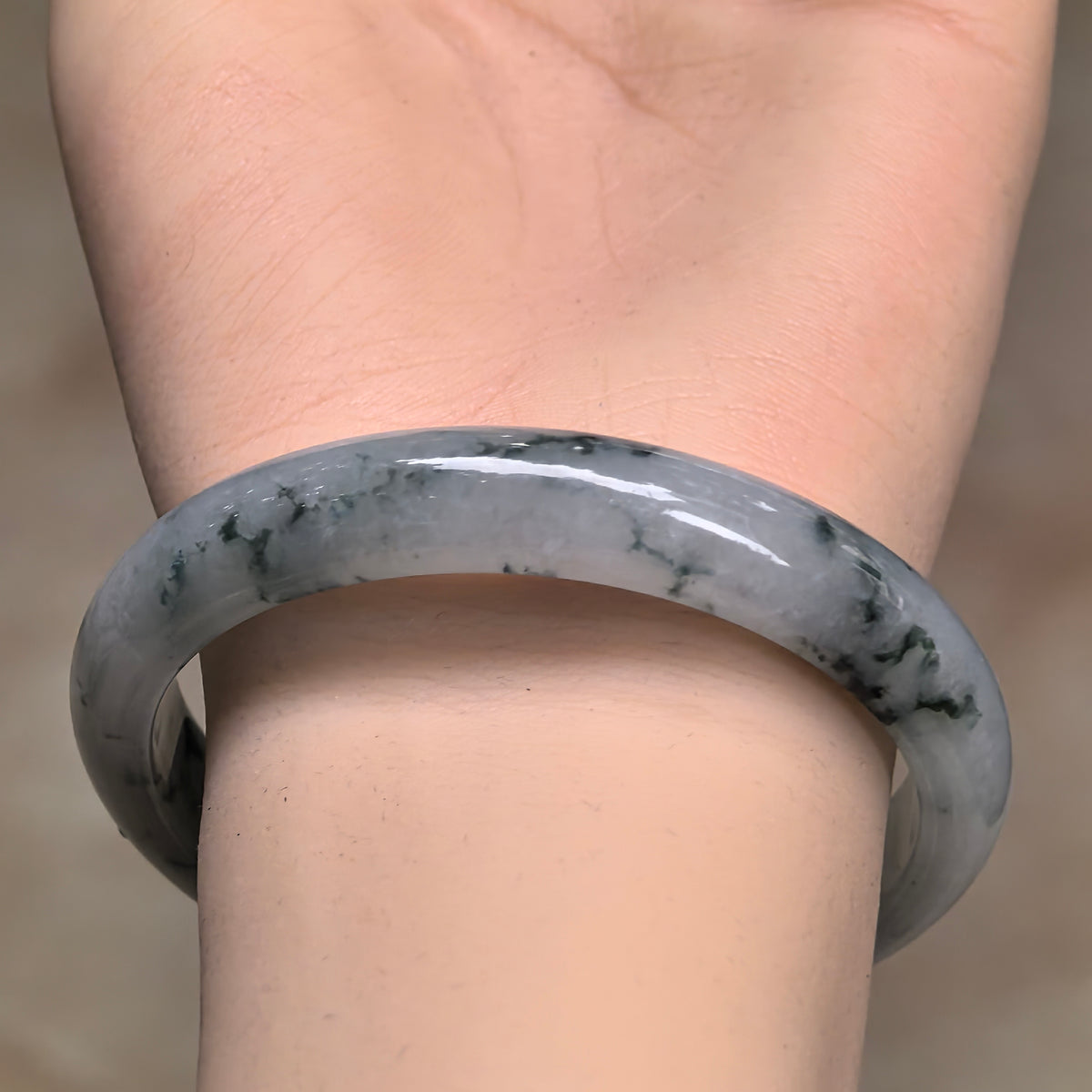 Fine Glutinous Deep Green Floating Flower D-Shape Jadeite Bangle -57mm