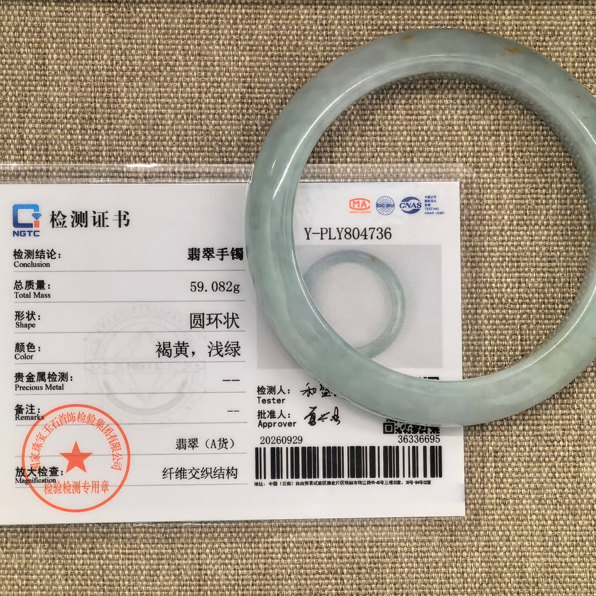 Pale apple green jadeite bangle with natural golden-brown flecks displayed over its matching NGTC Grade-A jadeite certificate.