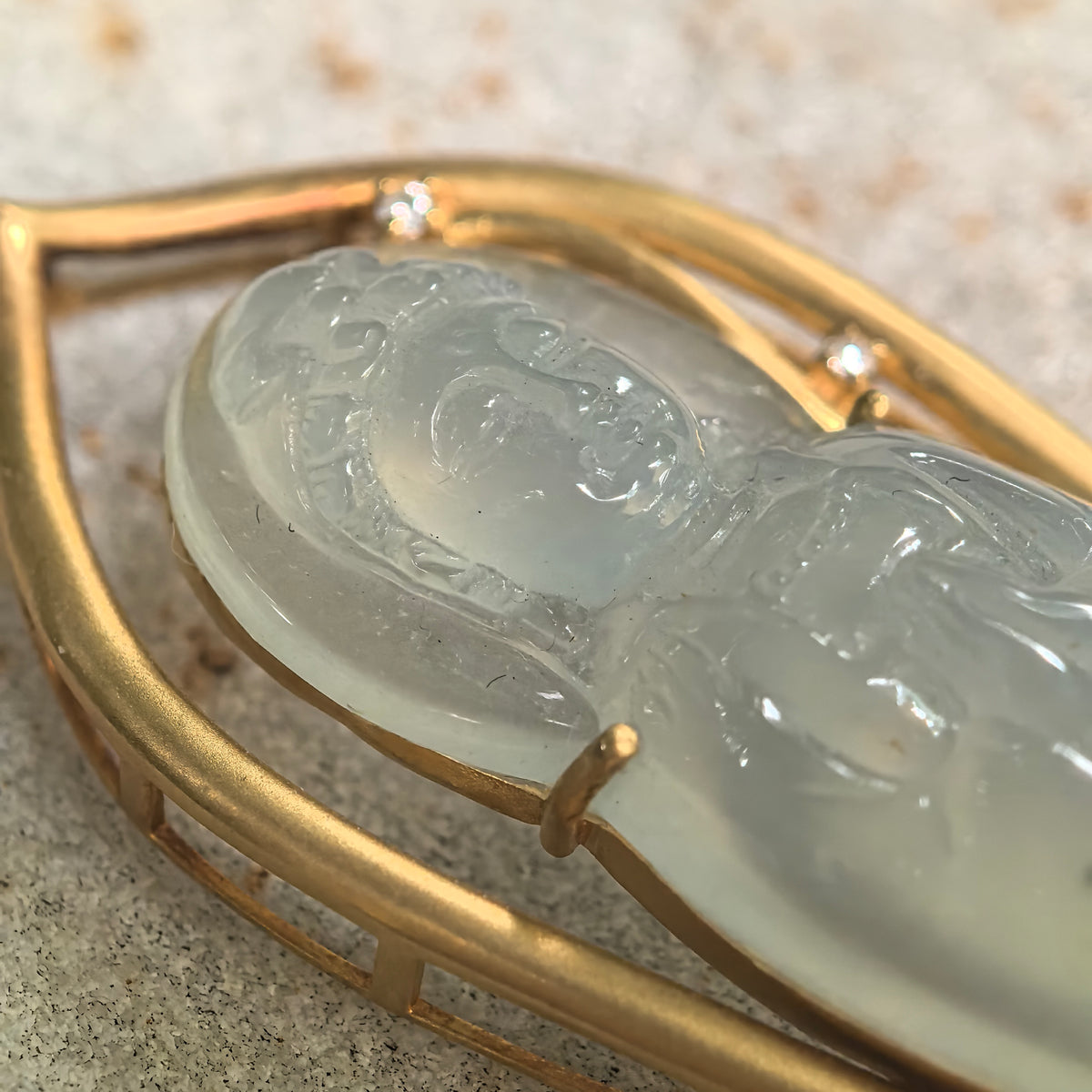 Icy Glutinous Greenish White Guanyin Jadeite Pendant with 18K Gold Setting